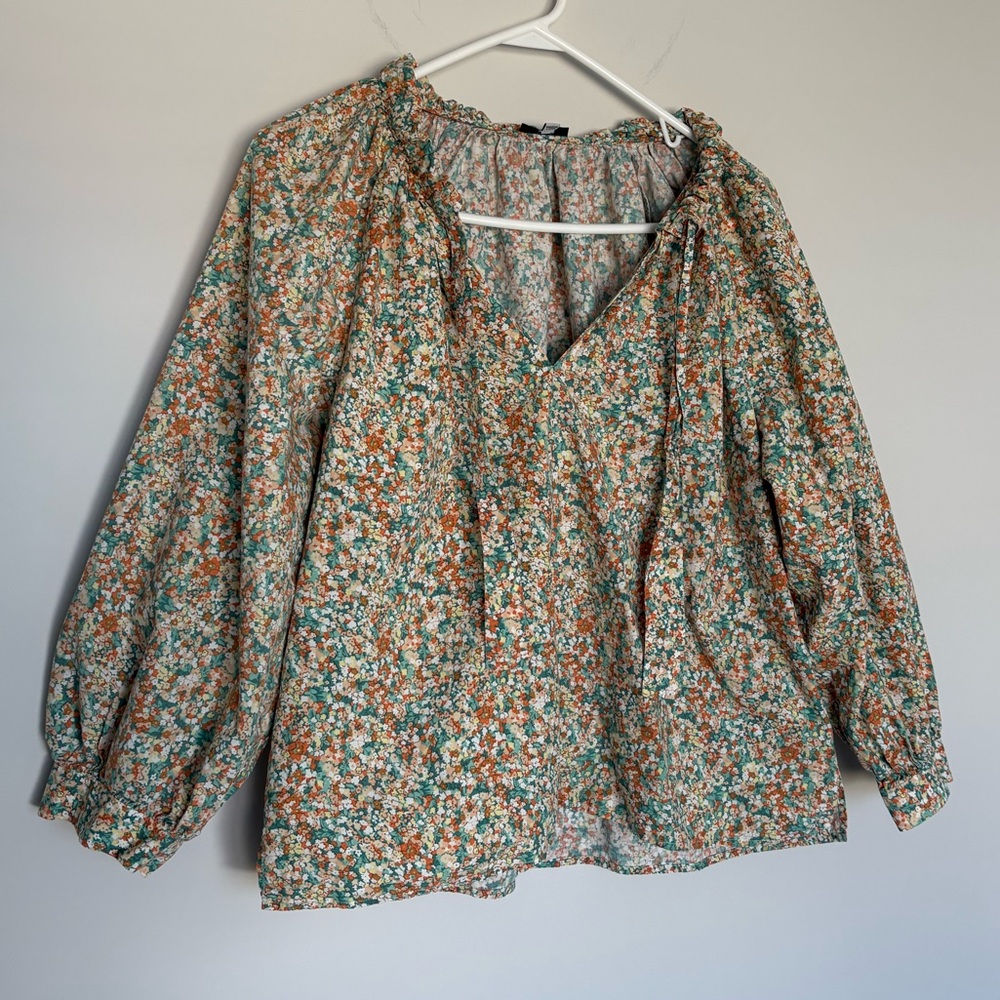 Rails Amal Multi Color Ditsy Floral Peasant Style Blouse with Neck Tie Boho Sz M